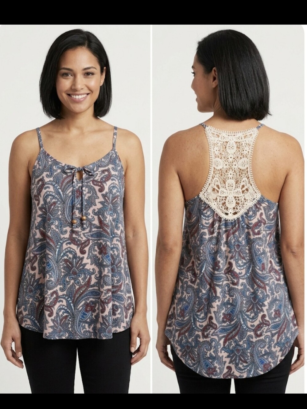 Boho Paisley Tie Front Boho Cami Tank Top with Crochet Lace Racerback, Size S/ M